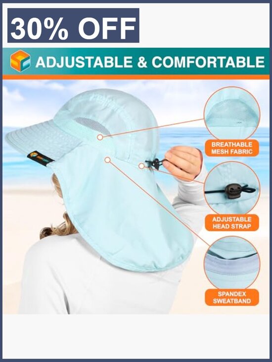 UPF 50+ Wide Brim Sun Hat with Neck Flap, Breathable Lightweight Packable for main image 7